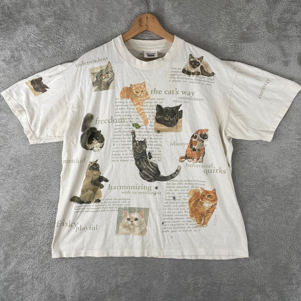 Vintage Relevant Products Cat Shirt Mens XL White All Over Print Nature 90s